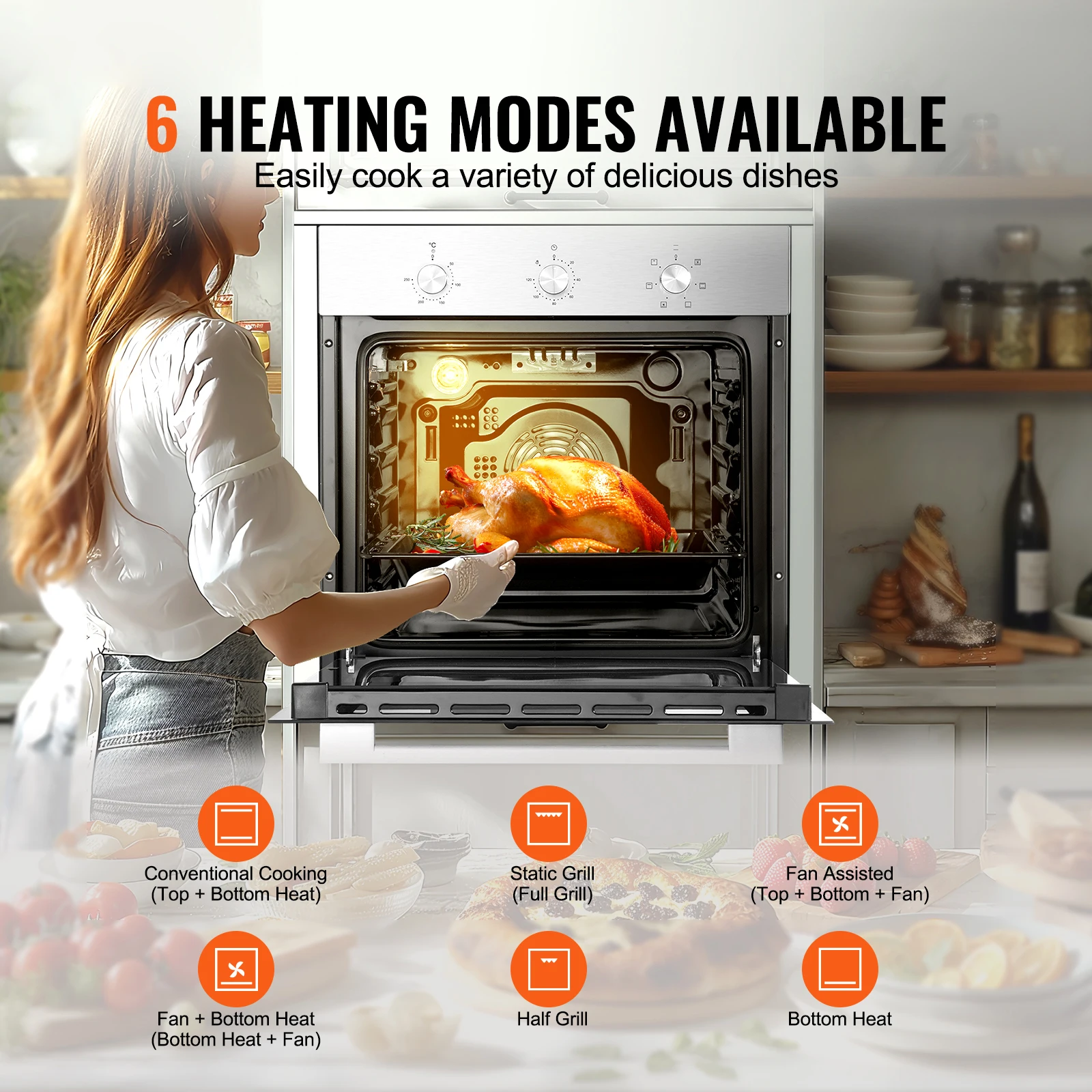 فرن SucceBuy بجدار واحد 24 بوصة فرن حائط كهربائي مدمج 2.68 قدم مكعب أفران حائط كهربائية مع فرن كهربائي مؤقت للمطبخ