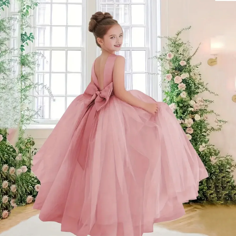 Big Bowknot On The Back Children's Wedding Dress White Dress For Girls Baptismal Costume Elegant Girl Princess Puffy Dress Gown