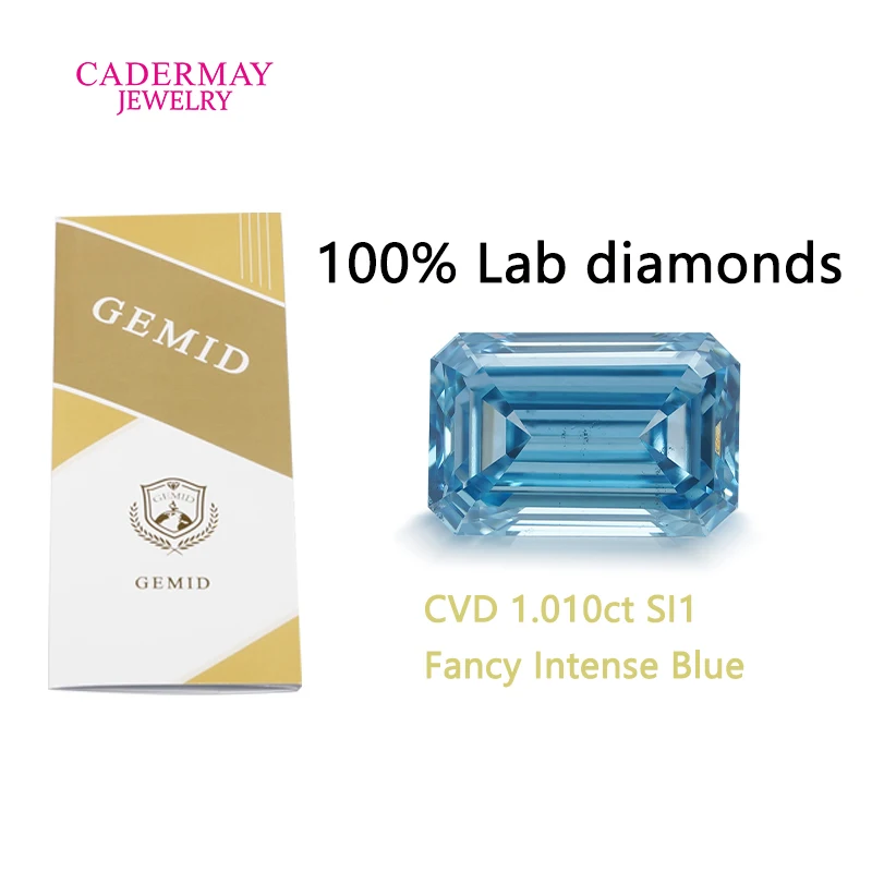 Cadermay In Stock GEMID Certificate CVD Diamond 1ct Fancy Intense Blue Si1 Emerald Shape Lab Grown Diamond For Jewelry Making