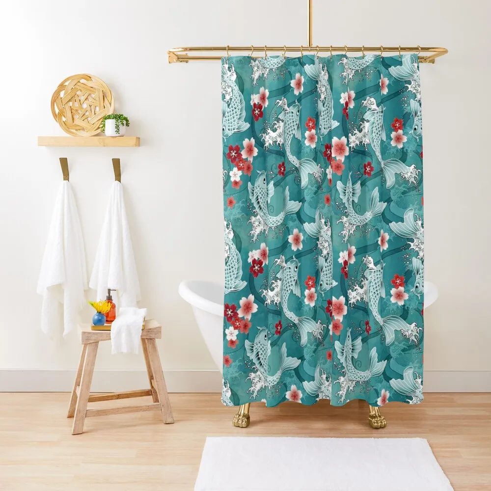 

Koi sakura blossom in turquoise Shower Curtain Modern Accessory Bathrooms Bathroom Decor Curtain