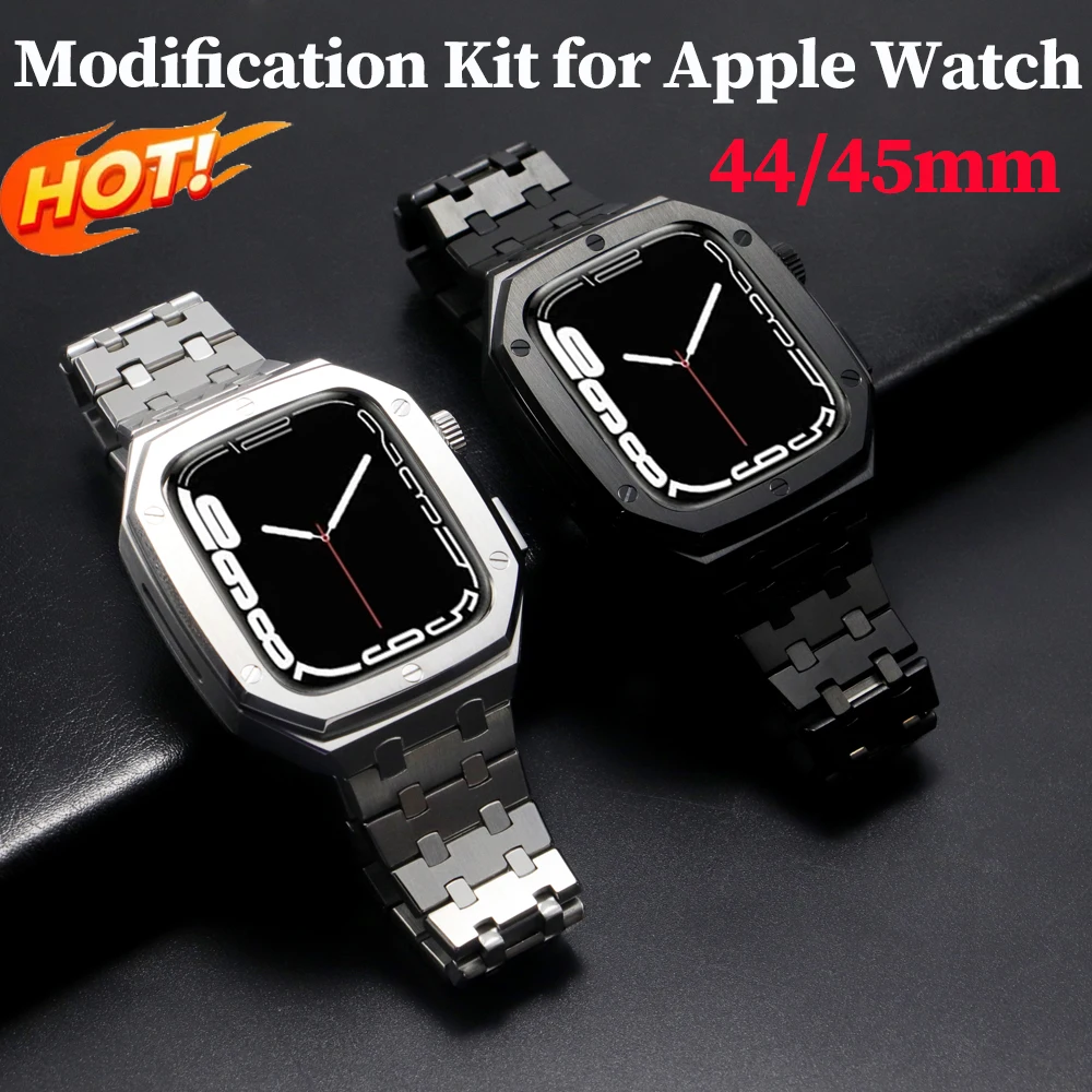 

Роскошный комплект модификации для Apple Watch 8 7, чехол с ремешком 45 44 мм, металлическая рамка для iwatch Series 6 5 4 SE, аксессуары