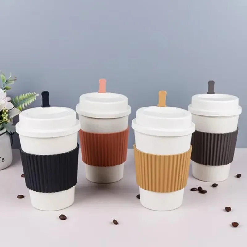 1/2/4PCS Thickened Coffee Cup with Lid Coffee Straw Cup Wheat Straw Simple Milk Cup Thickened Sailor Cup Suitable for Friends