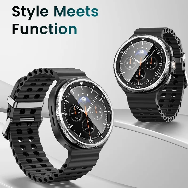 إطار معدني لساعة سامسونج جالاكسي 8 الكلاسيكية 46 ملم حافظة حلقية غطاء لاصق واقيات شاشة من الزجاج المقسى ملحقات Watch8