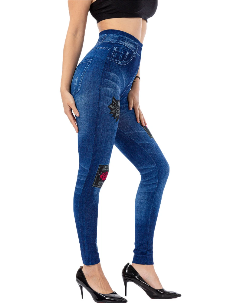 VISNXGI-Leggings sem costura faux denim para mulheres, calças esportivas impressas, leggins de cintura alta, ginástica elástica, calças push up, moda feminina