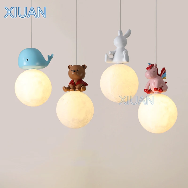 

Creative White Rabbit Pendant Lamps Whale Horse Bear Animal Design High Ceiling Bedroom Bedside Hanging Light for Children