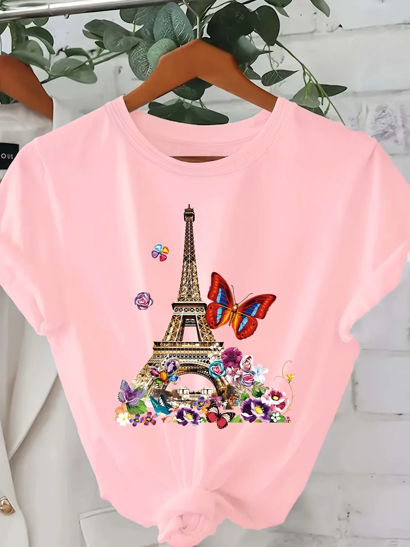 Floral Eiffel Tower Women's Tee - Paris-Inspired Graphic, Romantic Butterfly Print for Casual Daily Wear