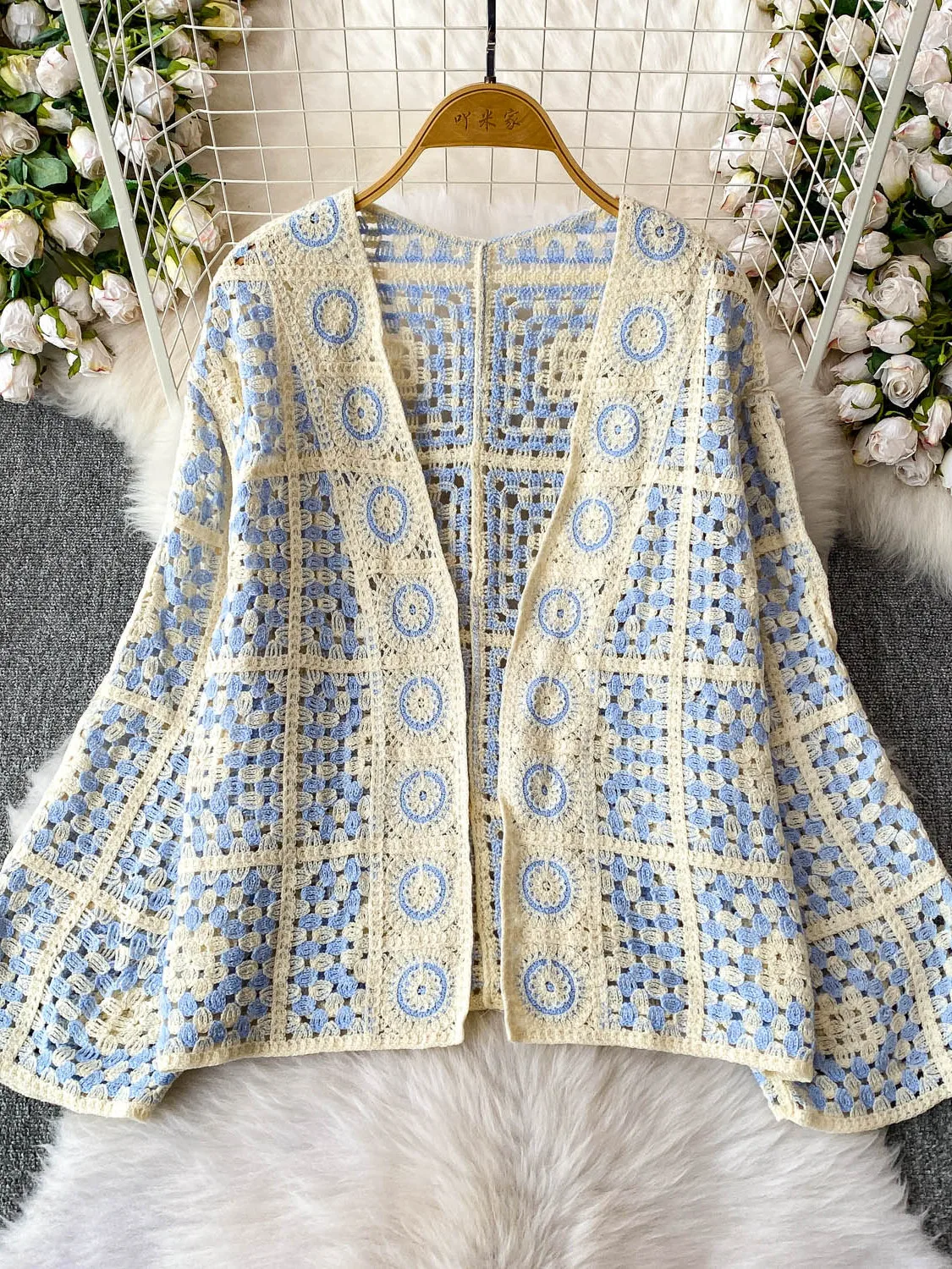 

Chic Fashion Blue Crochet Lace Hollow Knitted V-neck Cardigan Jacket Women's 2025 Autumn Winter Loose Thin Tops Boho