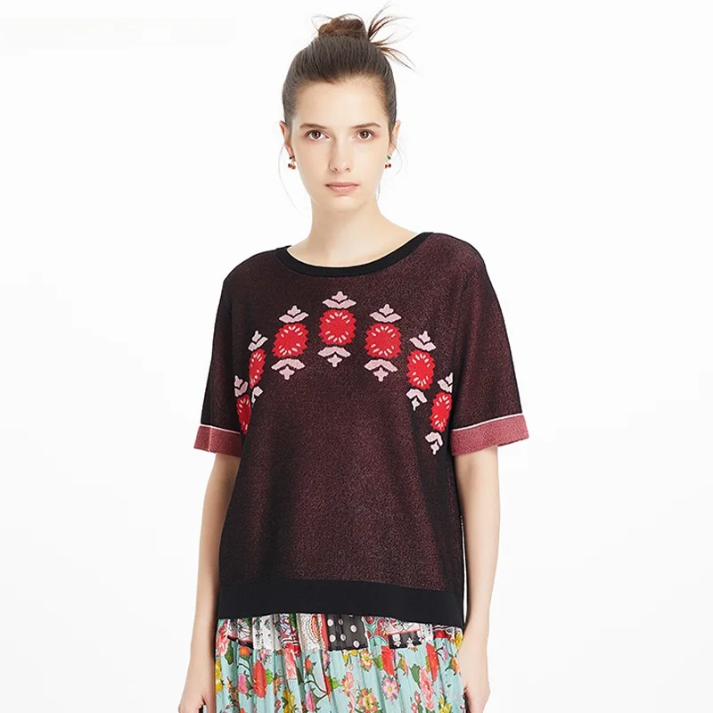 

und ow Women's Knitted ort Sve T-irt Candy Pattern Contrast Color New Summer Vintage Sle Loose Fit round Ne