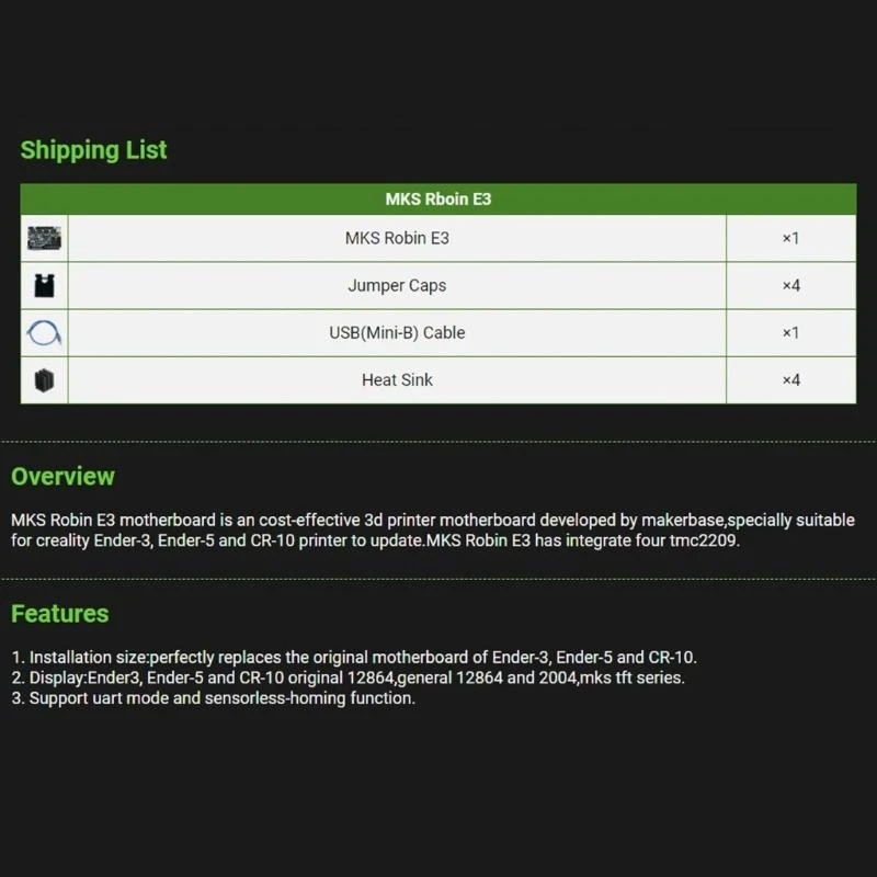 

MKS Robin E3 V1.1 Motherboards for Ender3/5 Voron0.1 Printer Main Board TMC2209 Driver Control Board