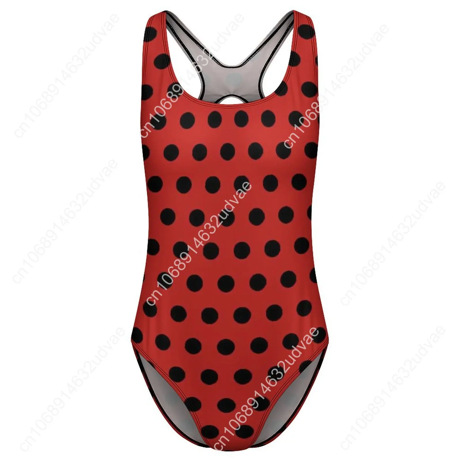 Traje de baño de lunares rojo y negro, traje de baño Vintage de una pieza con lunares, trajes de baño elegantes con realce, ropa de playa Sexy con gráfico