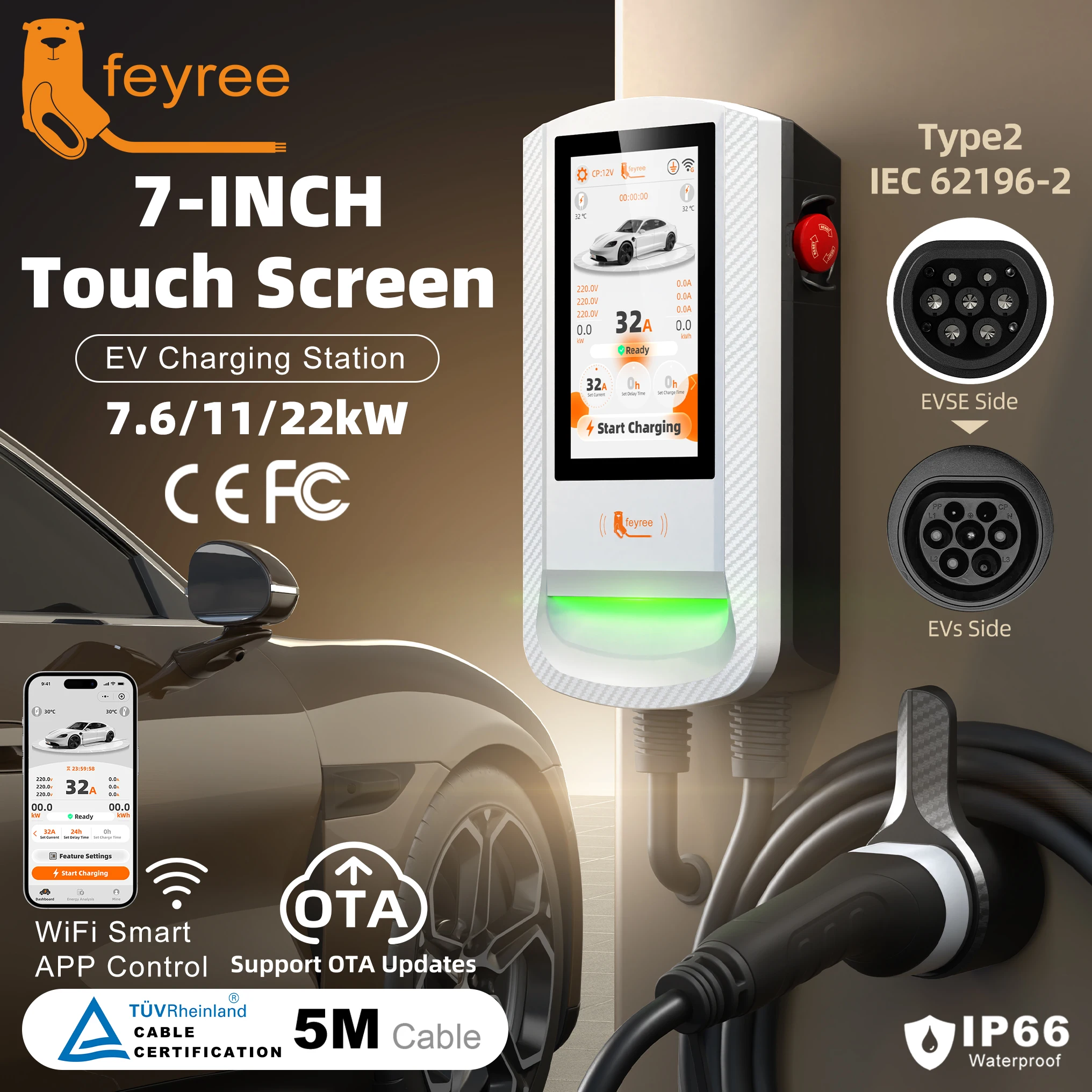 Feyree Type 2 7/11/22kW 7 Inch Touch Screen EV Wallbox Smart  APP Control EV Charging Station for Outdoor Use