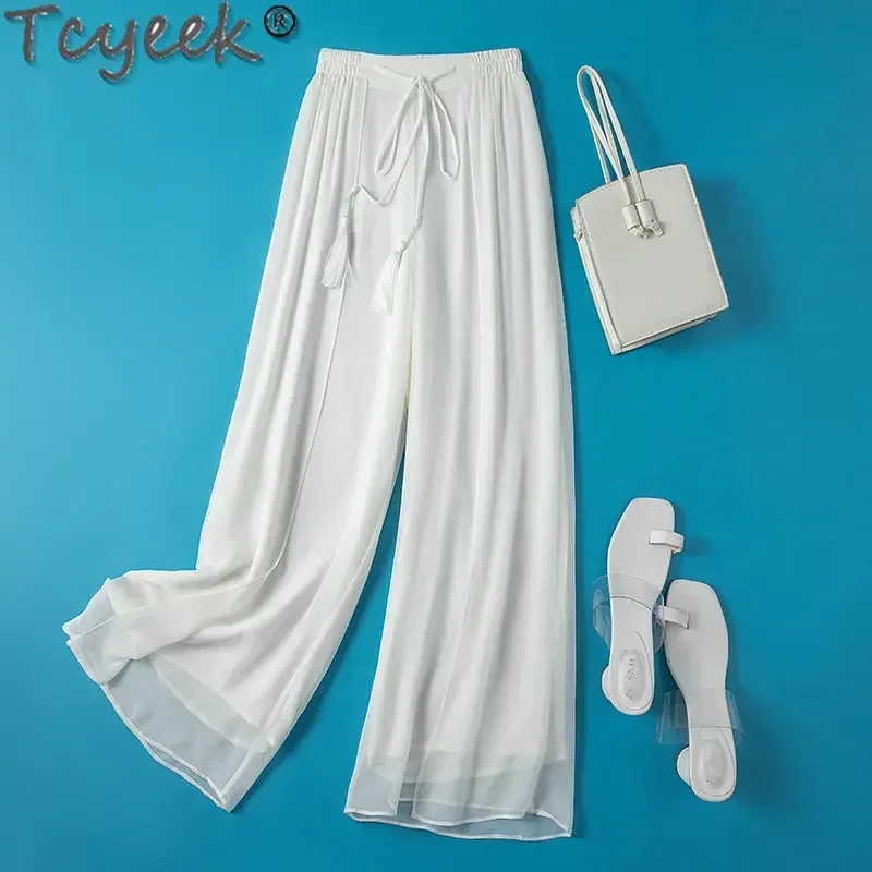 Tcyeek-pantalones de pierna ancha con cintura elástica para mujer, ropa fina de seda Real de morera, pantalones hasta el tobillo, moda de verano