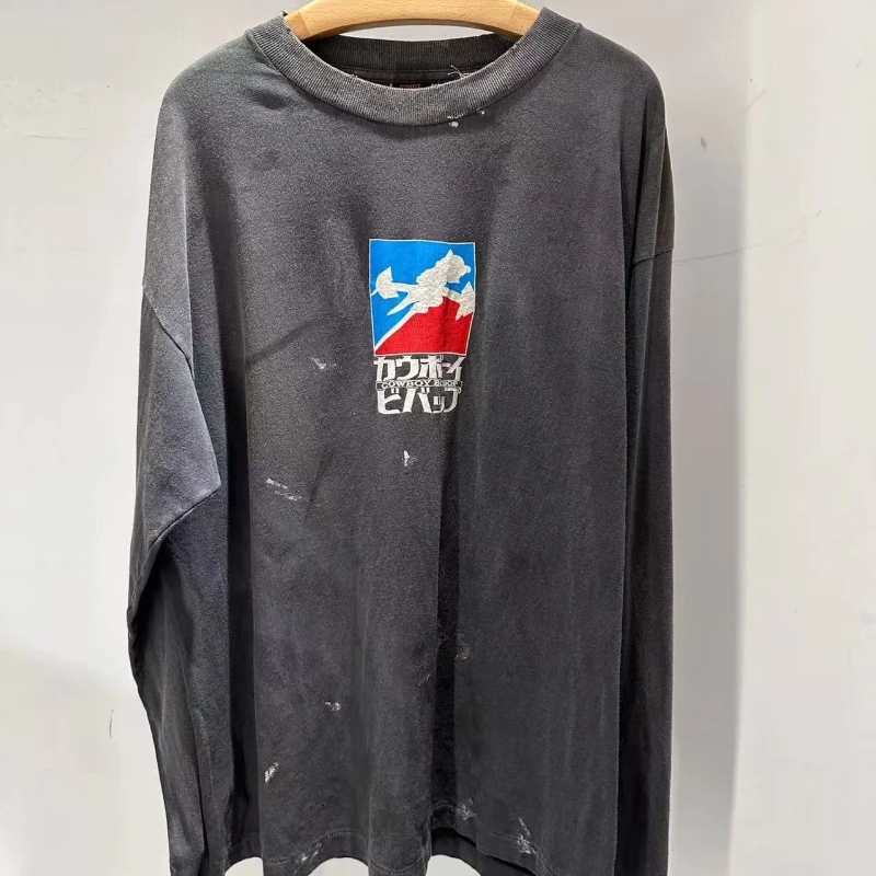 

Vintage SAINT Tshirts High Street Hip Hop Cartoon Print Loose Cotton Casual Long Sleeved Tshirt for Men Women