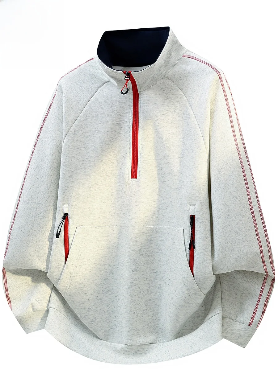 Camiseta Masculina Retrô Casual Esportiva com Meio Zíper e Gola Alta, Manga Longa Solta, Respirável, Resistente ao Desgaste e...