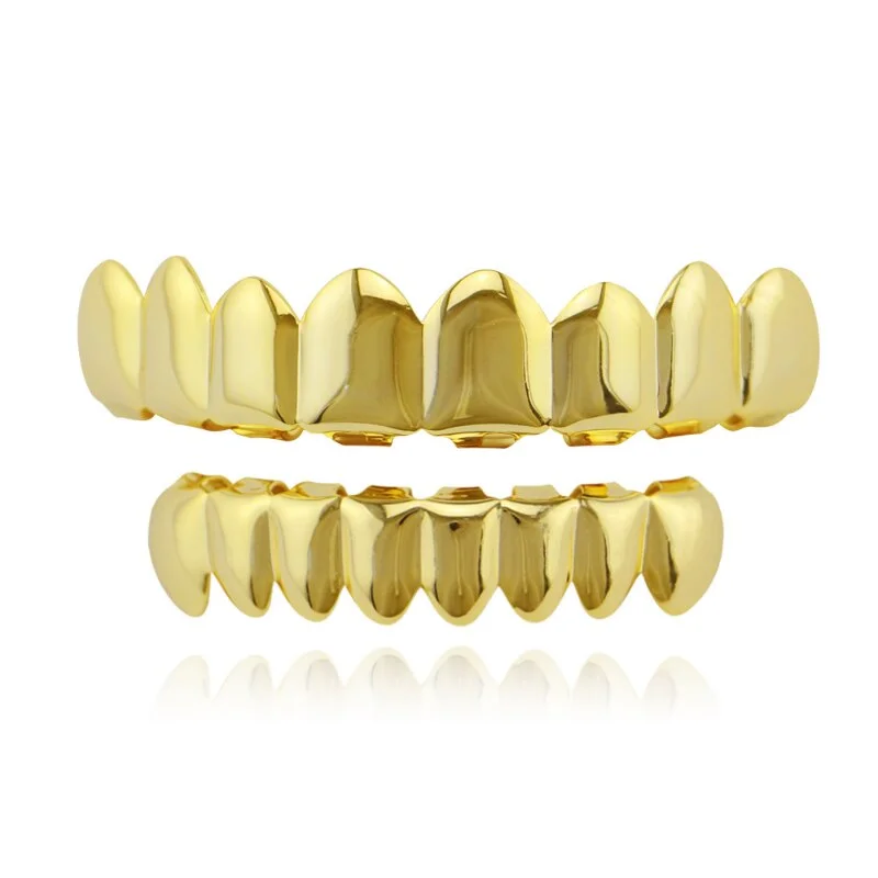 Gold Plated 8 Tooth Premium Grillz Solid 925 Sterling Silver Yellow Gold Finish -8 Tooth Or Caps/Top & Bottom Grills For Teeth