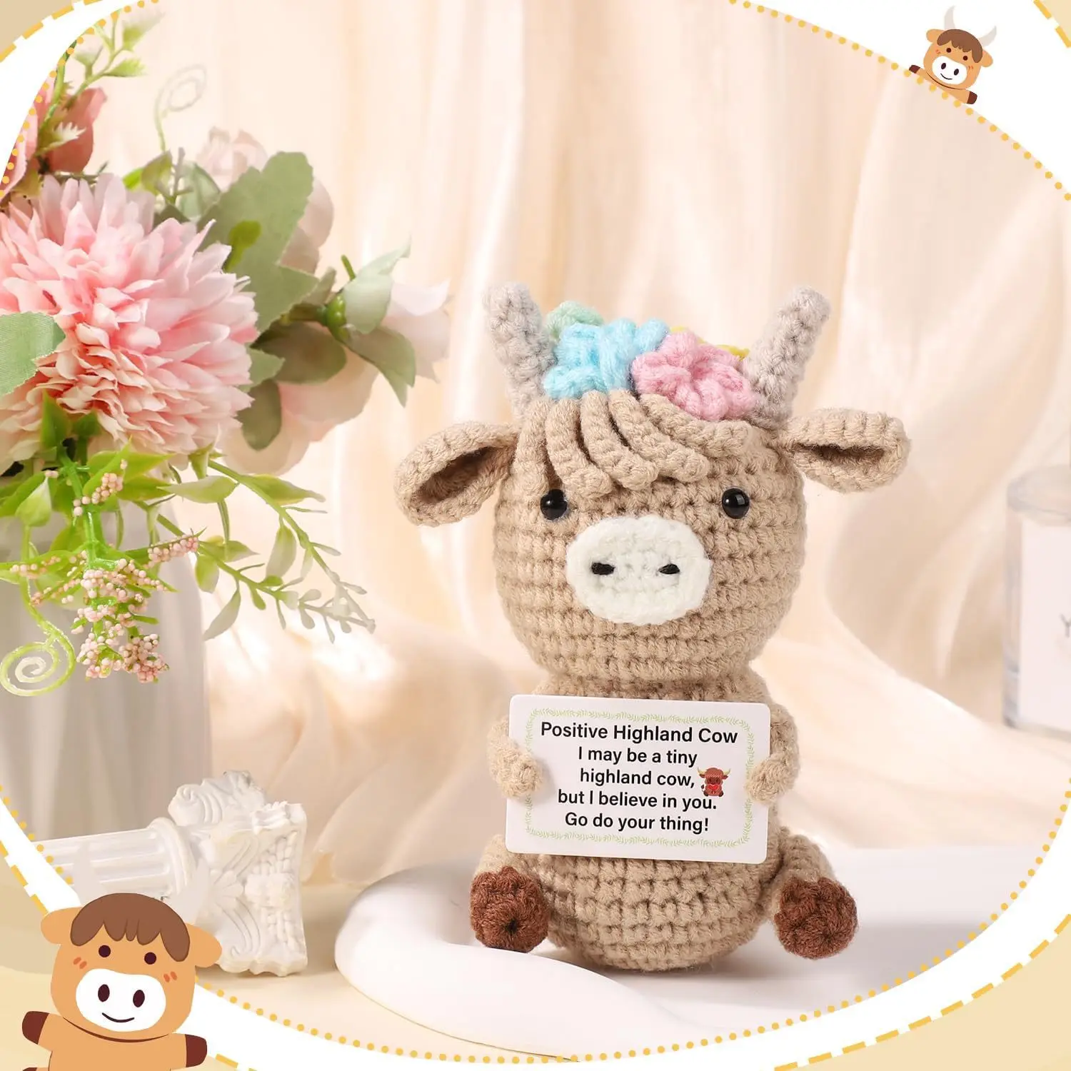 Positive Crochet Highland Cow Support Christmas Stuffer Funny Gifts for Kids Daughter Handmade Crochet for Birthday Office Decor