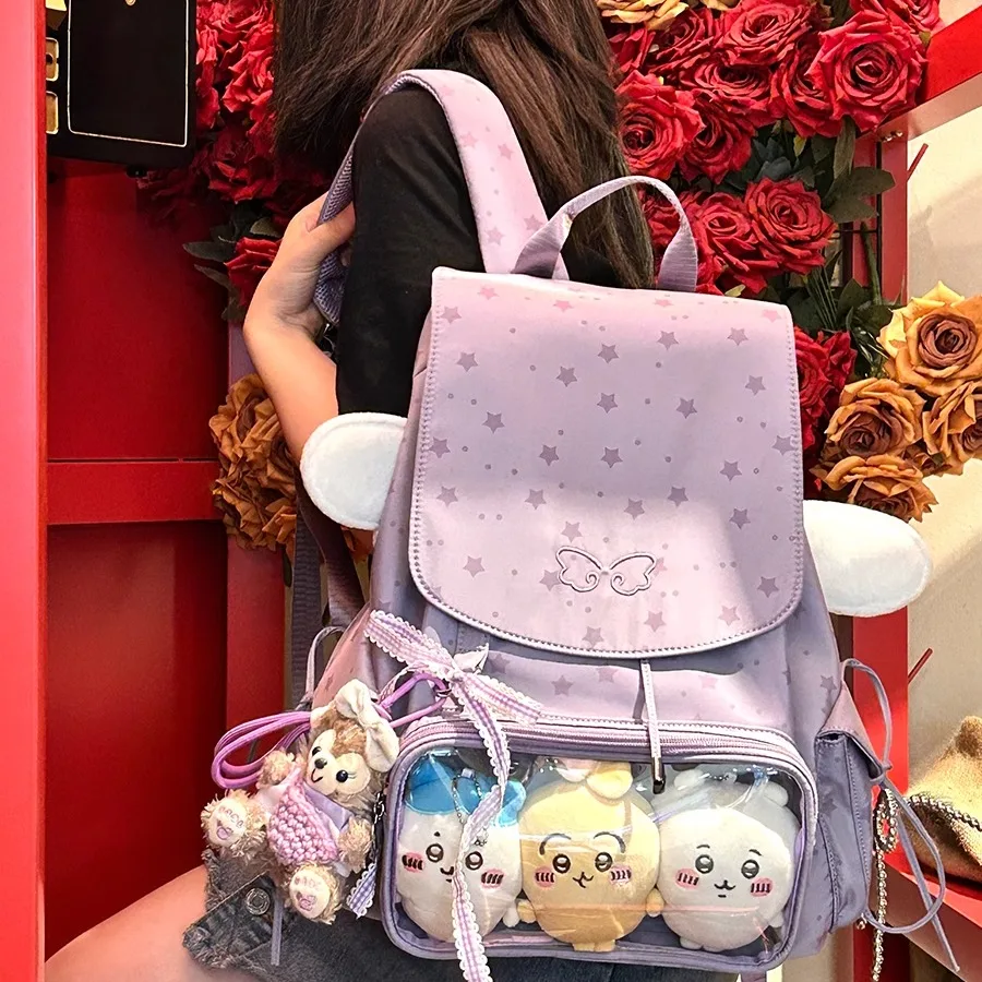 Japanese Original Sweet Girl Transparent Pain Bag Cute Baby Bag Cartoon Star Chasing Large Capacity  Leisure Commuting Backpack