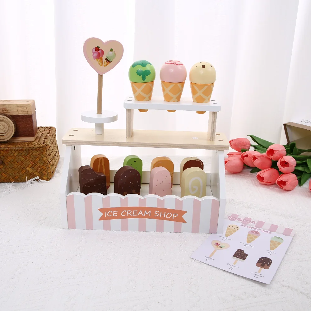 ألعاب آيس كريم خشبية ألعاب طعام ملحقات المطبخ مع لعب الأدوار للأطفال والبنات والأولاد