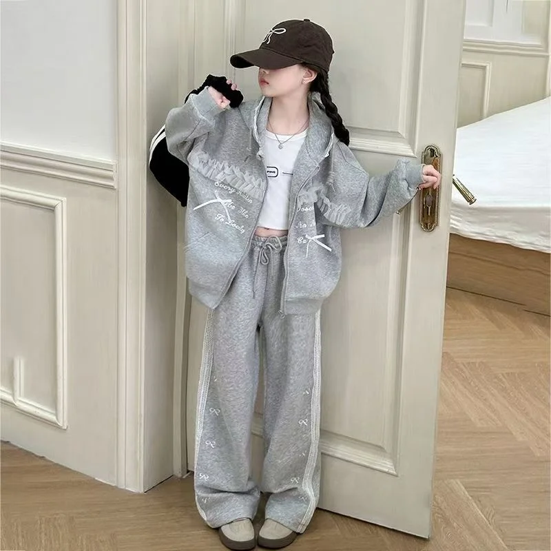 Girl's Coat Sets Kids Sweet Suit Spring New Sports Outfit Children Bow tie Top Trousers Two Piece Autumn Fashion Clothes