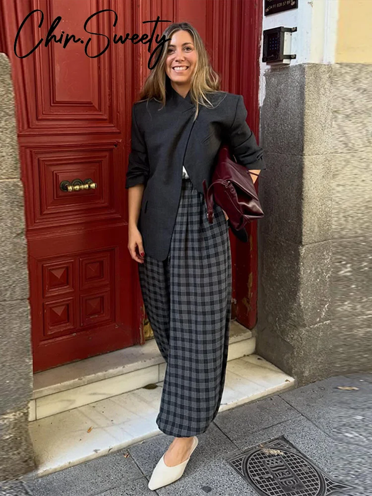 カジュアルチェック柄プリントパンツ女性エレガントなプリーツチェック柄弾性ウエストズボン女性 2026 春夏シックな婦人服