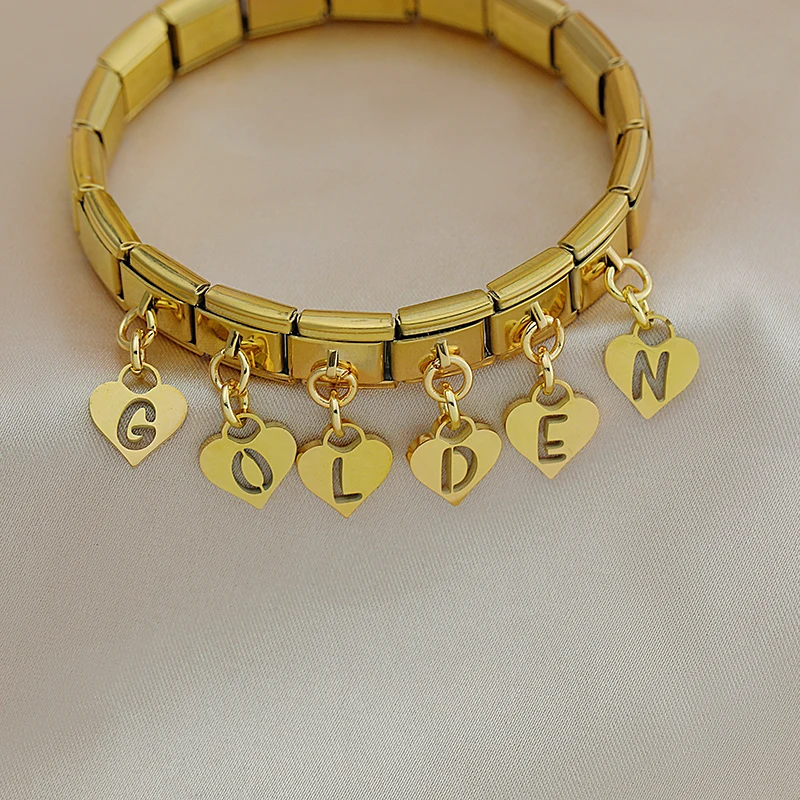 Hapiship 2024 Fashion Heart 26 English Letters Italian Charm Links Fit 9mm Stainless Steel Bracelet DIY Women Jewelry DJ1365