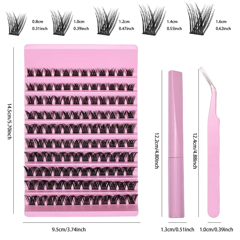Kit di estensione ciglia finte da 120 pezzi con adesivo, sigillante e pinzette - Strumento per il trucco degli occhi di lunghezza mista per grappoli di ciglia fai da te
