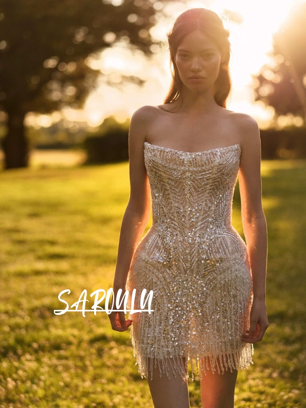 

Glitter Strapless Short Evening Dress Delicate Tassel Customized Wedding Party Wear Women Gorgeous Beaded Cocktail Gown