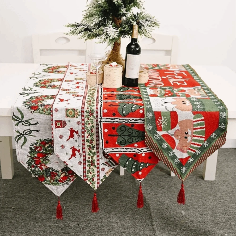

Household Tassel Christmas Table Runner Snowman Printed Rectangle Table Cover Knitted Cloth Long Tablecloth Banquet