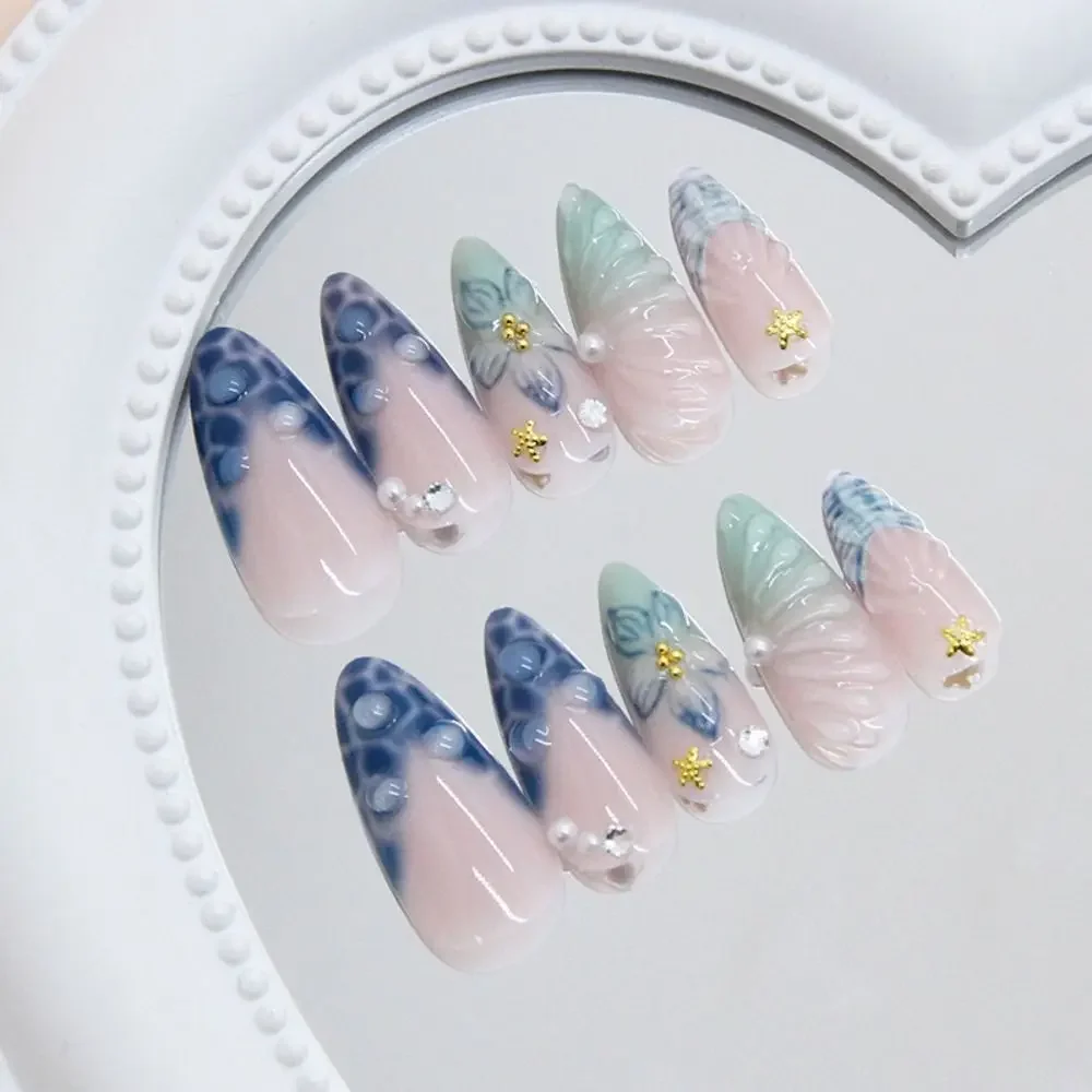24pcs Manicure Long Almond False Nails Flowers Starfish Misty Blue Retro Fake Nials Detachable French Press on Nails Women