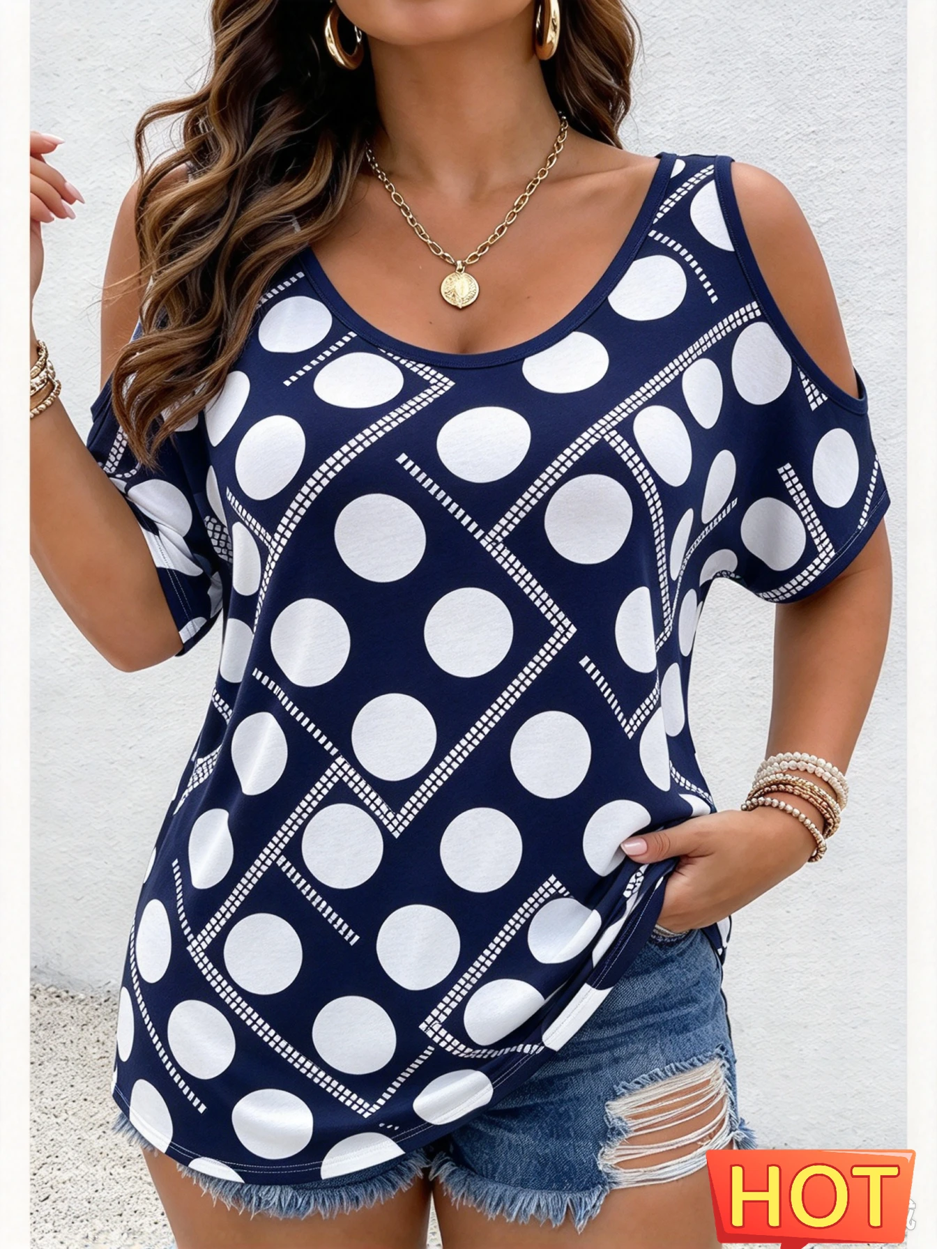 Polka Dot Print Women's T-shirts Casual O-neck Short Sleeve Tops Summer Trend Cold Shoulder Tees Fashion Loose Female Clothing