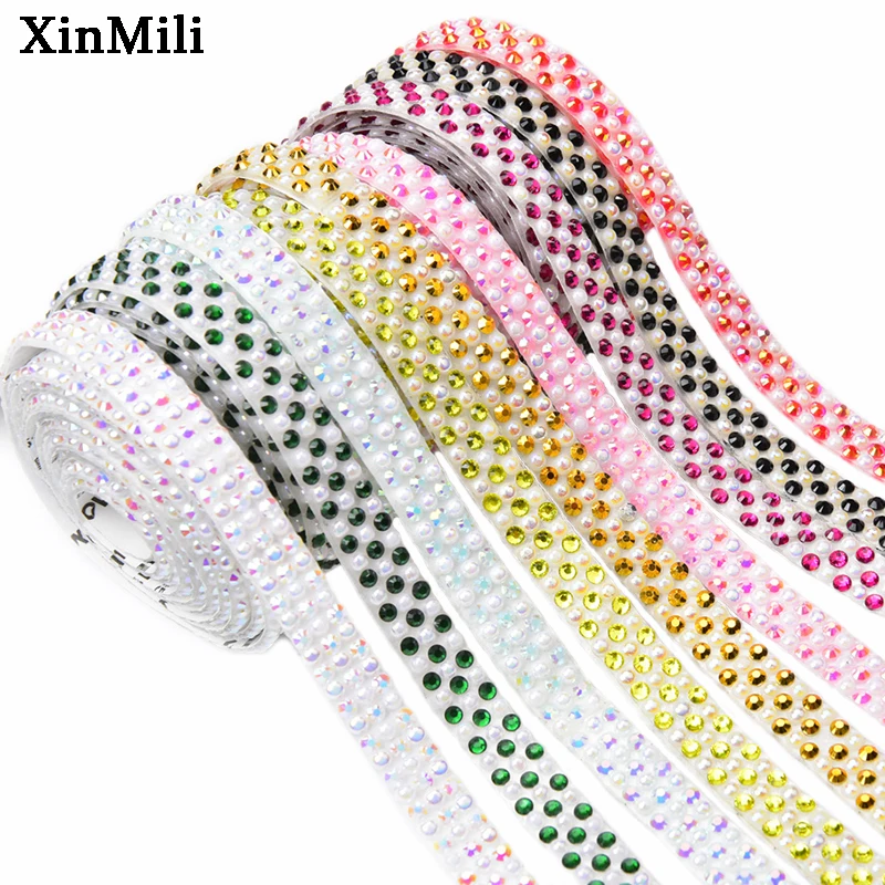 5 Yards White AB Pearl Rhinestone Self Adhesive Stiker Ribbon Tape 1cm Wide Resin Crystal Applique Mesh for Wedding Home Decor