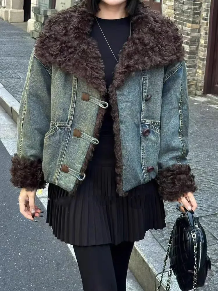 

Denim Coats Woman Oversize Fur Plush Womens Autumn Sculpted Tailoring Boho Style Vacation Urban Social Fluffy Patchwork Jackets