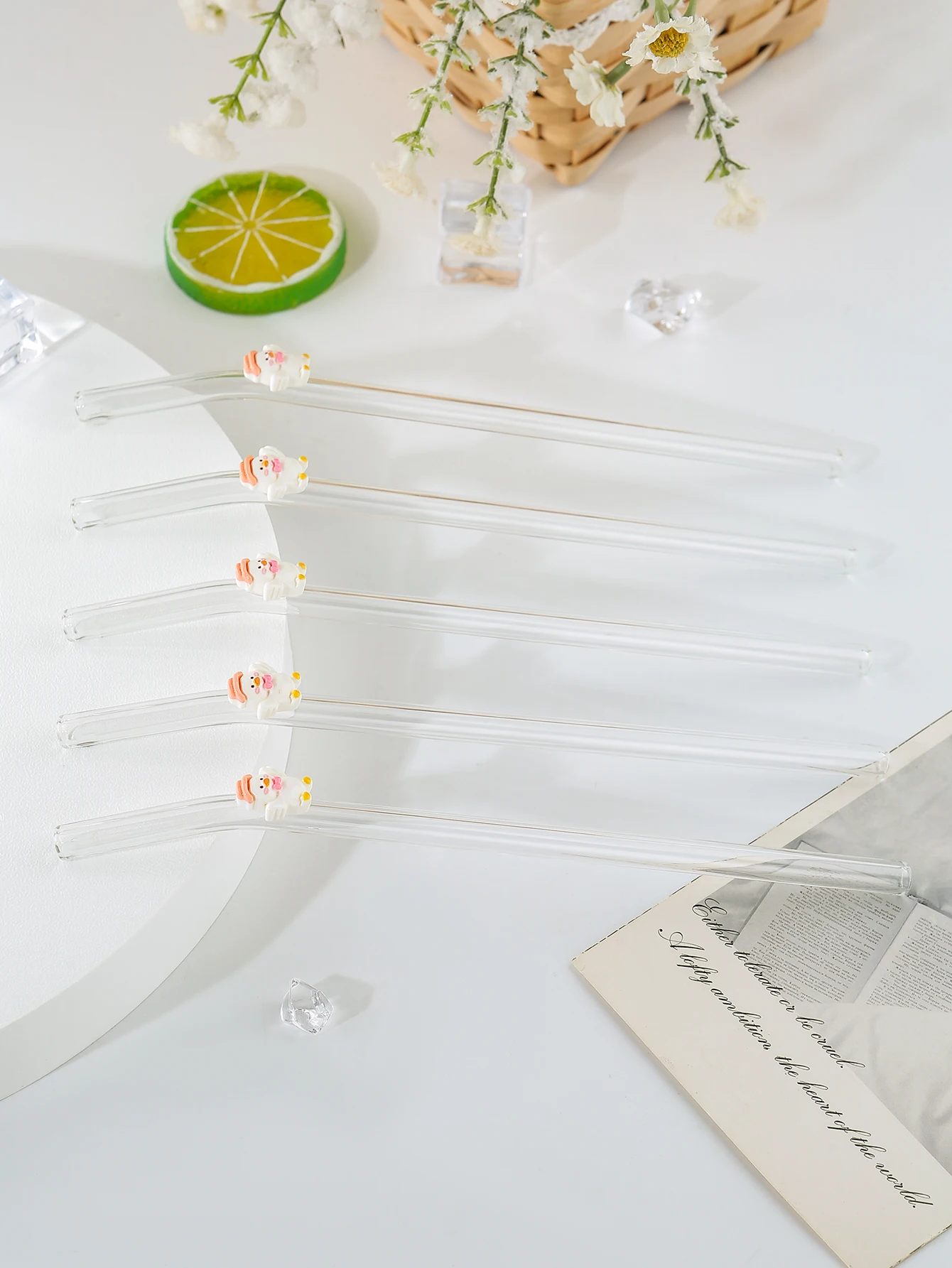 5PCS Reusable Curved Glass Straws with Duck Decor ，Perfect for Daily Drinks, Coffee, Bubble Tea, Smoothies, Juice