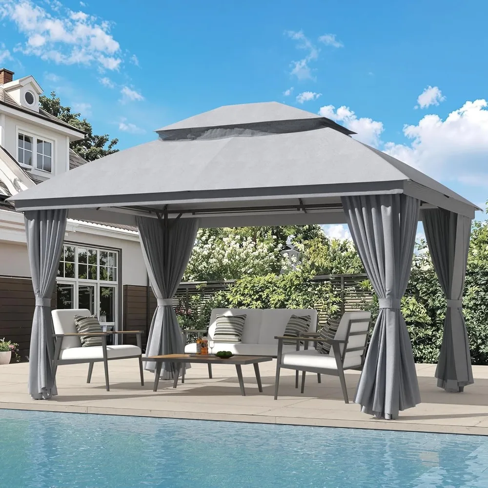 

Outdoor Gazebo 10’×13’ for Patio, Metal Frame Canopy with Double Roofs, Heavy Duty Party Tent with Mosquito Netting and Curtains