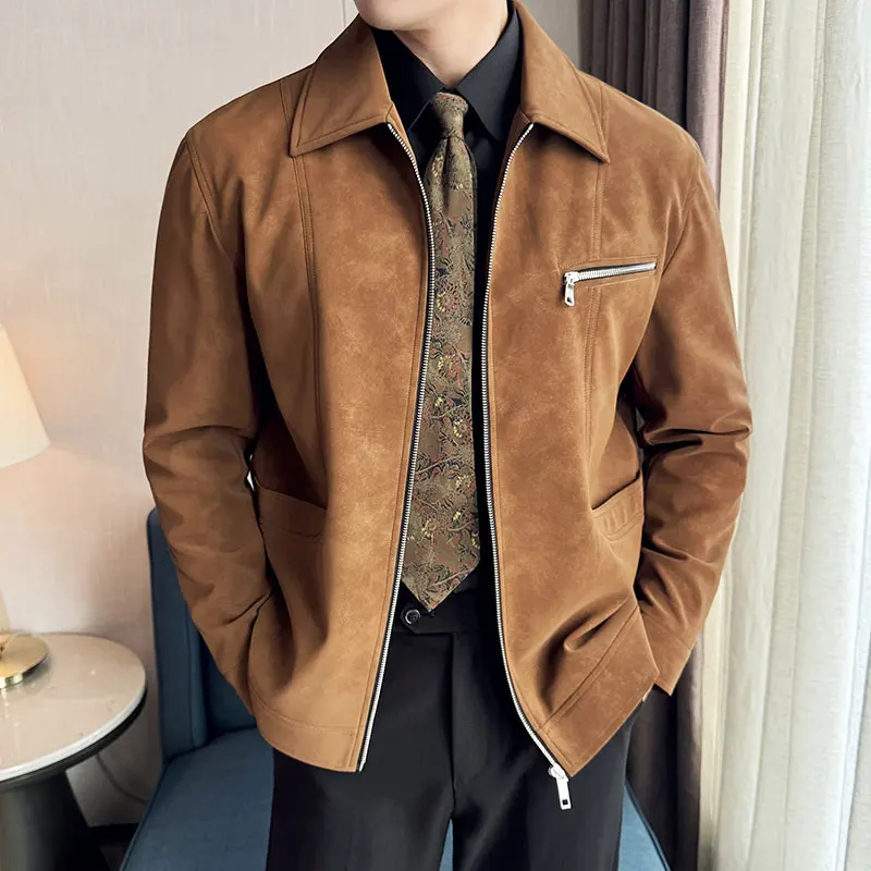 

Autumn Winter Zipper Jackets For Men High Quality Korean Luxury Men's Suede Jacket Turn Down Collar Long Sleeve Coats Man 4XL-M