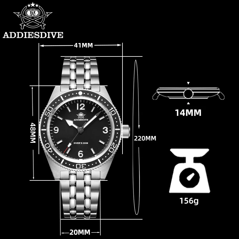 ADDIESDIVE Men Diving Watches Blue Luminous 316L Steel 20Bar Sapphire Crystal Montre Homme 316L Stainless Steel Quartz Watches