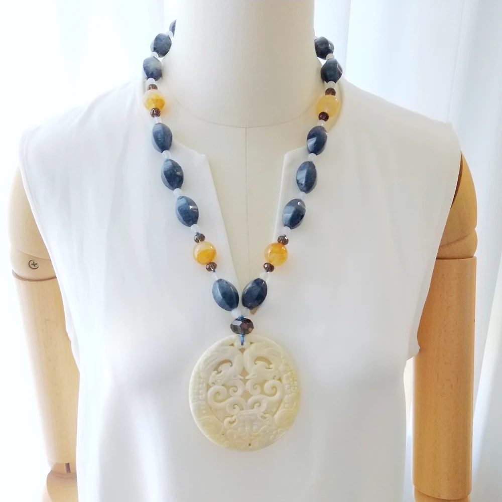 Lii Ji Natural Stone Necklace 64cm Blue Stone Yellow Quartz Jade Pendant Necklace Stock Sale Jewelry Gift