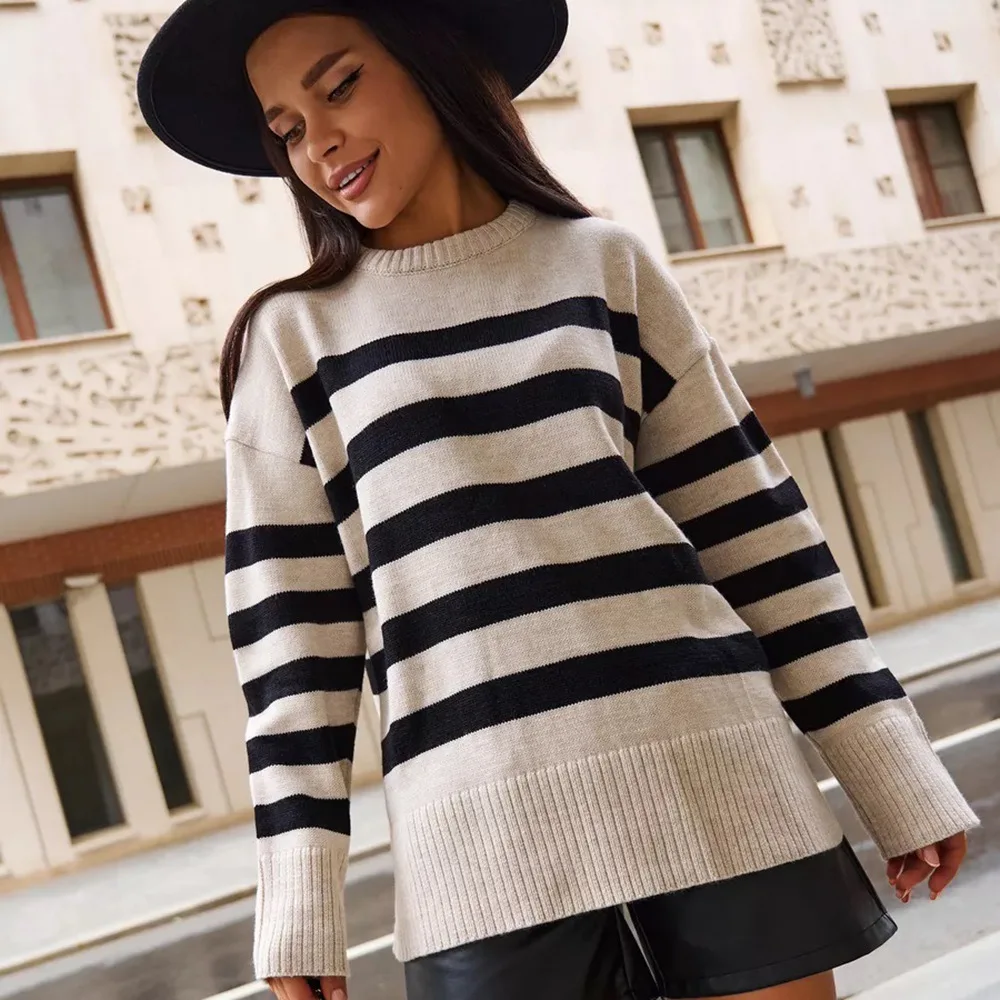 

Loose striped sweater women's autumn and winter 2024 new round neck pullover casual European and American knitted sweater women