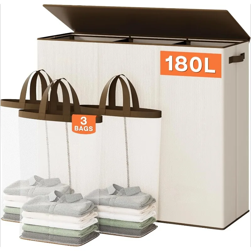 

180L Hamper 3 Section,Extra Large Hamper,Lid,Large Basket Organizer for Room,Hampers for Laundry