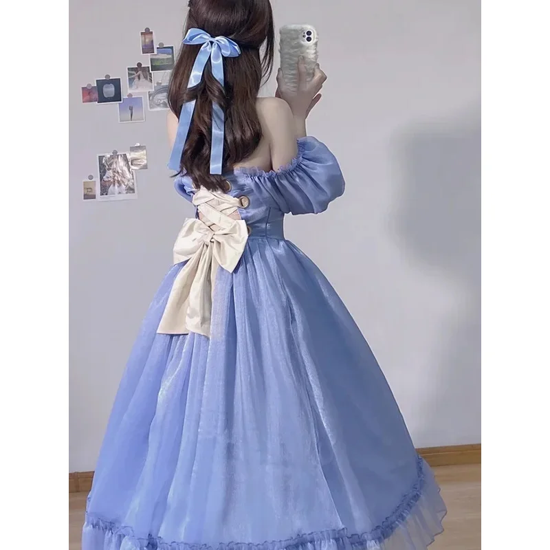

Summer Chic Blue Fairy Dress Women France Vintage Puff Sleeve Sweet Princess Dresses Female Elegant Evening Party Midi Vestidos