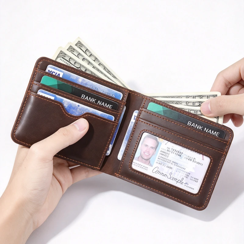 Top-grain Leather Short Purse Casual Genuine Leather Men's Wallet Slim Minimalist Front Pocket - Thin & Stylish with ID Window