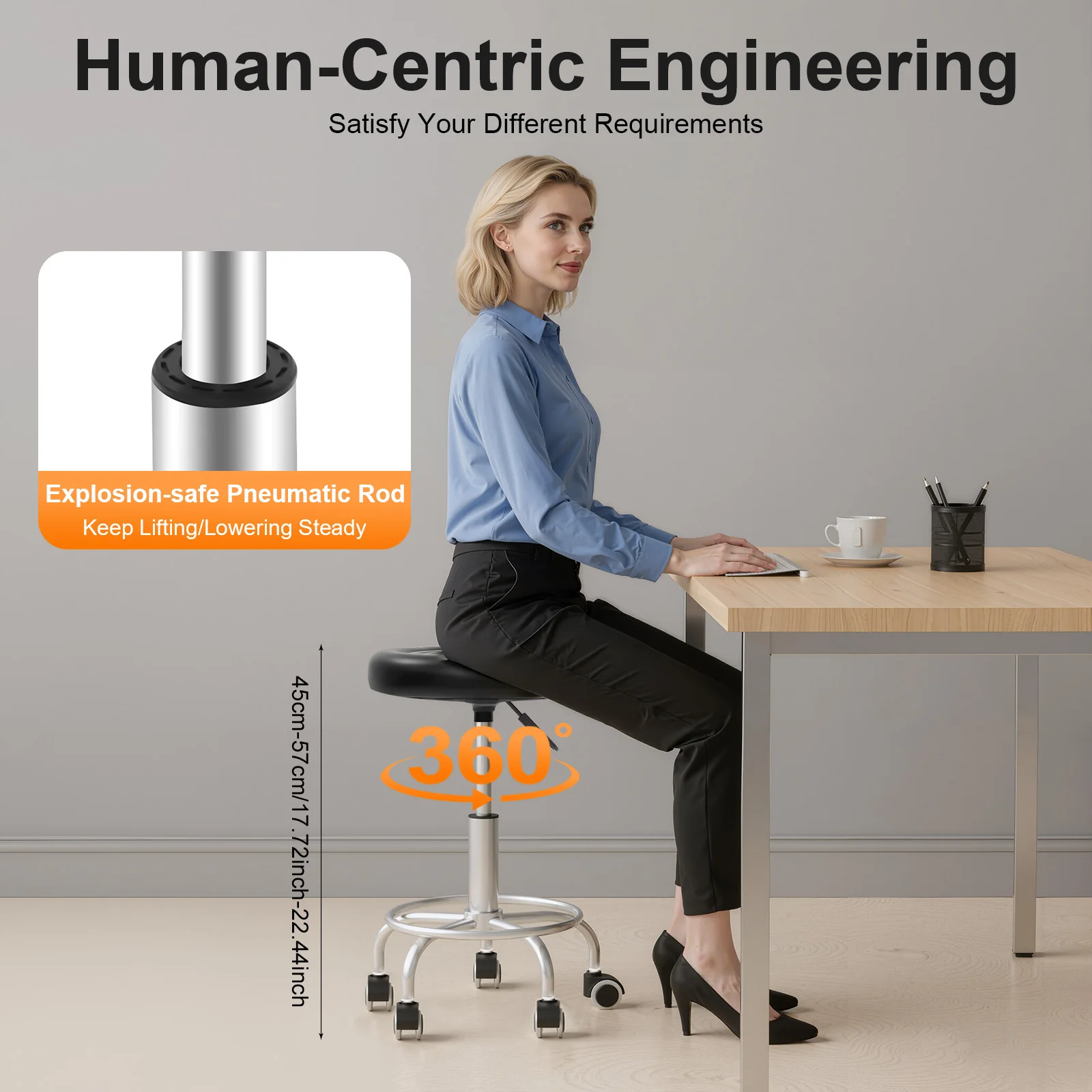 Banco de bar com rodinhas ajustável em altura, 360 °   Banco de bar giratório, banco de salão de carregamento de 150 kg para casa/escritório/bar/salão de beleza