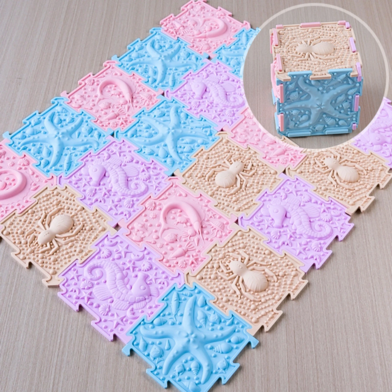 4 Pieces Square Silicone Tactile Mat Marine-Themed Interlocking Sensory Mat Silicone Sensory Pad Embossed Pastel for Crawling