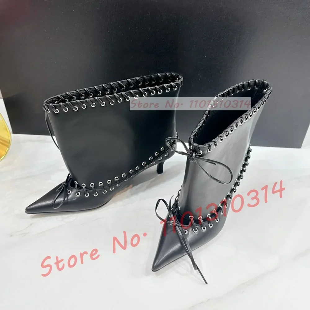 Metal Eyelets Pointy Kitten Heel Ankle Boots Women Trendy Wide Calf Laced Decor Cow Leather Booties Luxury Trendy Bowknot Shoes