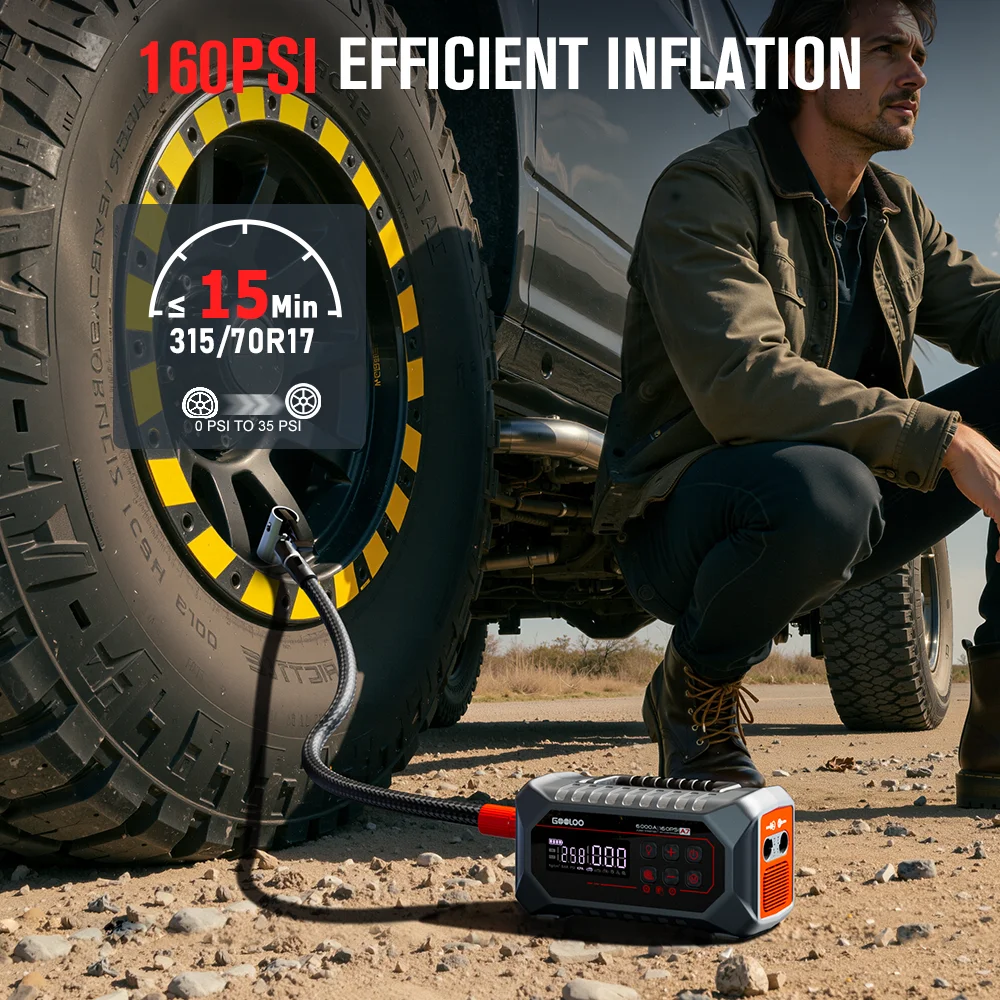 GOOLOO A7 Car Jump Starter with Air Compressor, 6000A & 160PSI Emergency Starter, 12V Supersafe Battery Booster with Tire Inflator & Pump (Inflate/Deflate) for All Gas & Up to 10.0L Diesel Engines