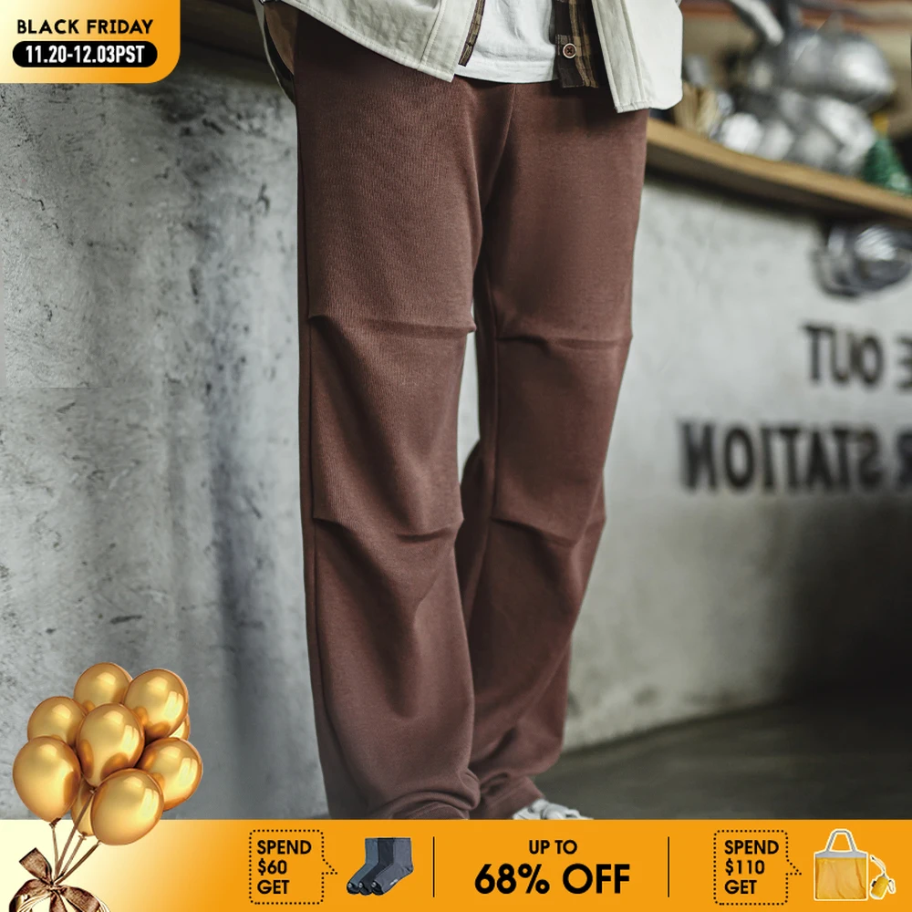 

Maden Retro Loose Fit Brown Double Pleated Sweatpants Straight Elastic Waist Casual Pants Men's Trousers for Autumn and Winter