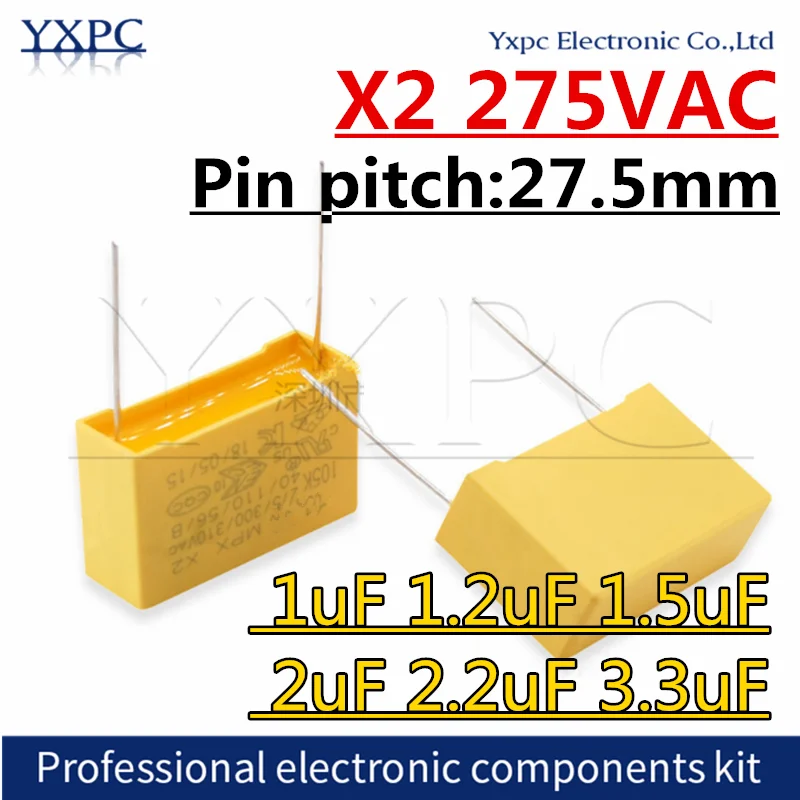 

10pcs X2 27.5mm Polypropylene film capacitor 275VAC 1uF 1.2uF 1.5uF 2uF 2.2uF 3.3uF 1000nF 1200NF 1500NF 2000NF 2200NF 3300NF