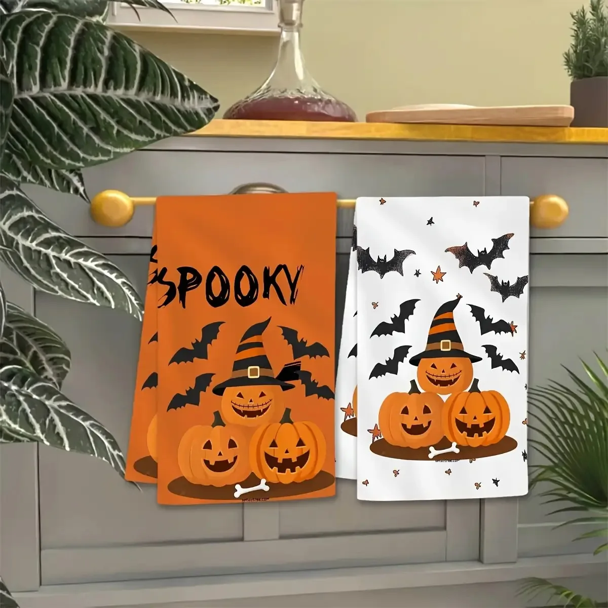 2PCS Halloween bathroom hand towel, kitchen hand towel, pumpkin bat weird pattern