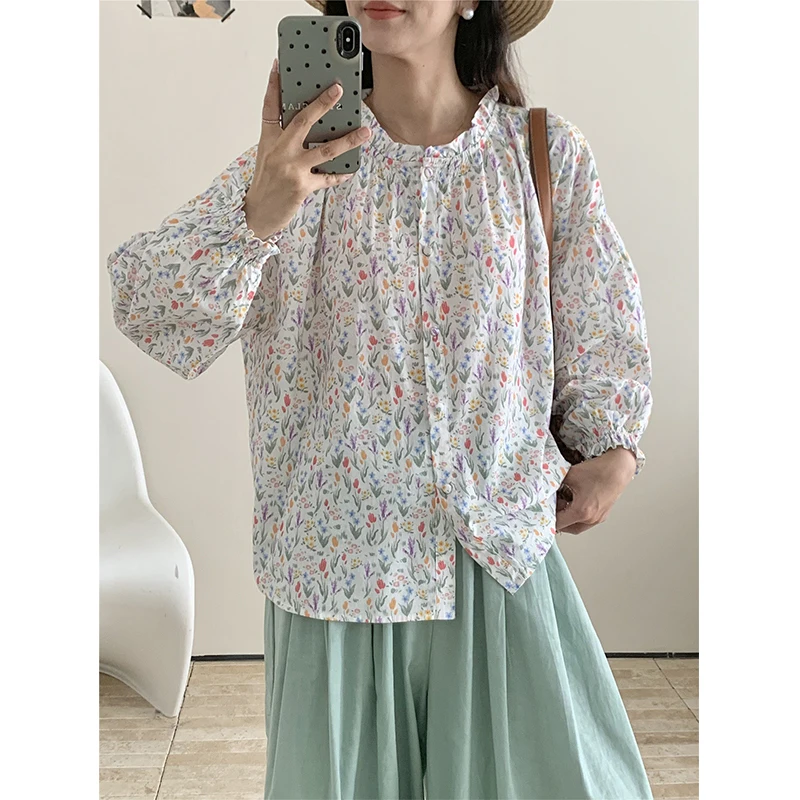 

Женская рубашка с цветочным принтом, весна 2026, новинка, черная, с воротником-рюшем, длинными рукавами, в милом стиле, однобортная, топ-рубашка