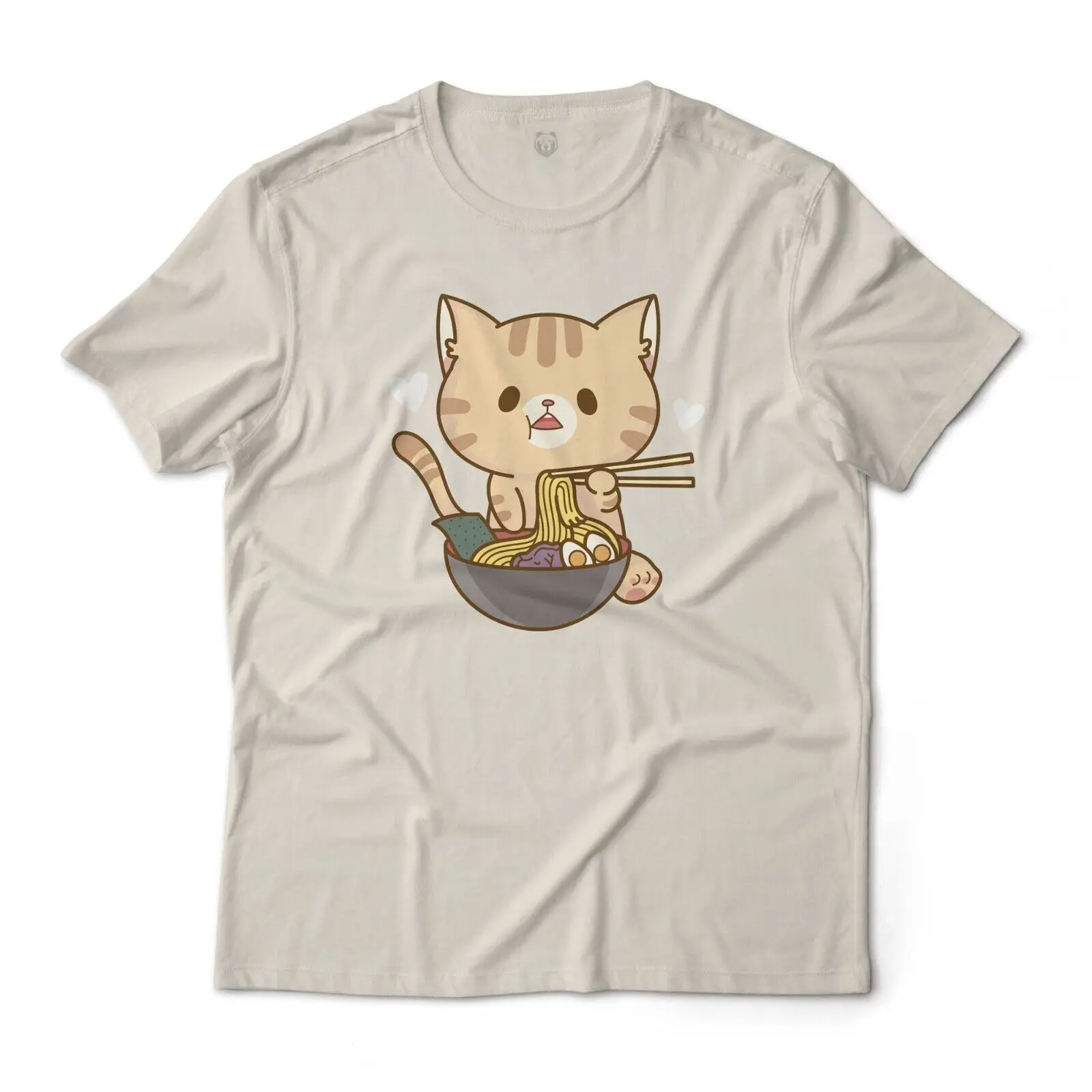 Kawaii Cat Eating Ramen Noodles Food Art Graphic T-Shirt Unisex 100% Cotton Tee